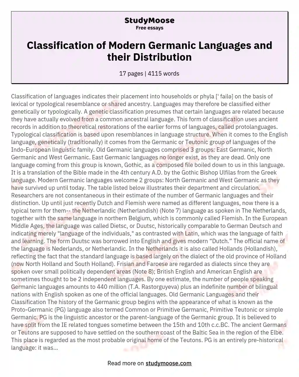 Classification of Modern Germanic Languages and their Distribution essay