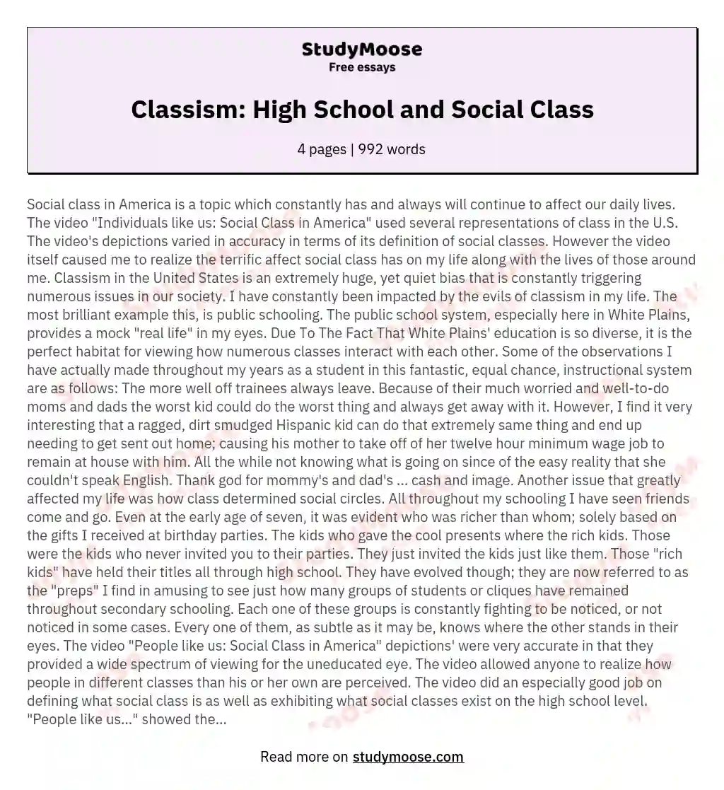 Classism: High School and Social Class