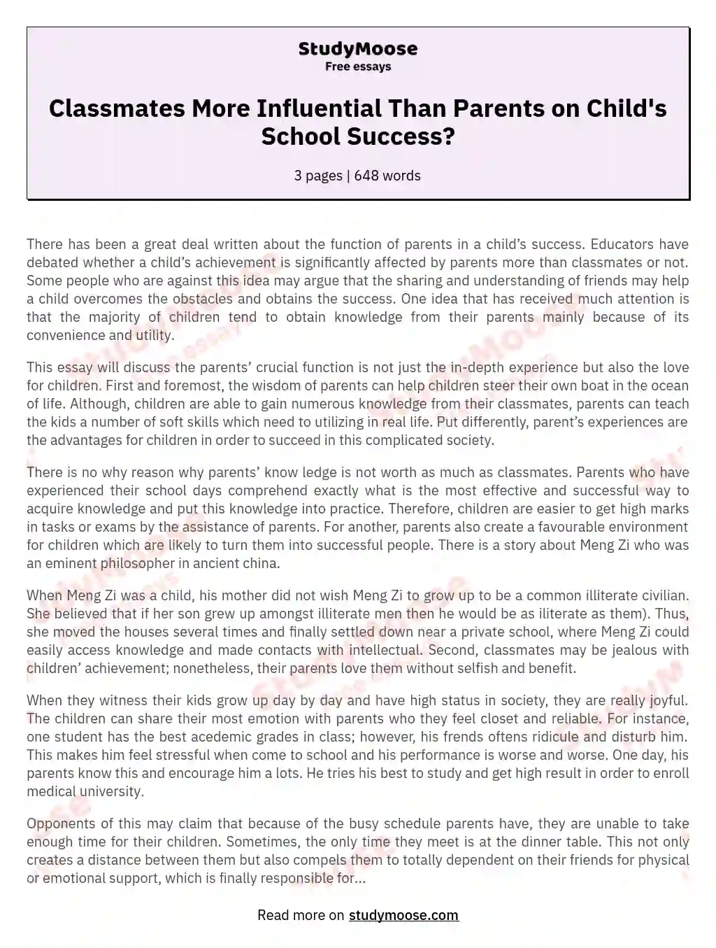 Classmates More Influential Than Parents on Child's School Success? essay