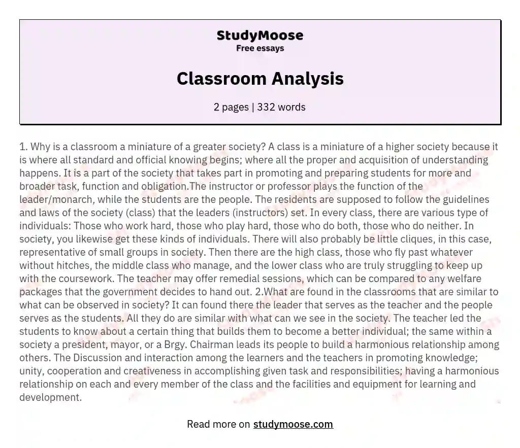 Classroom Analysis essay
