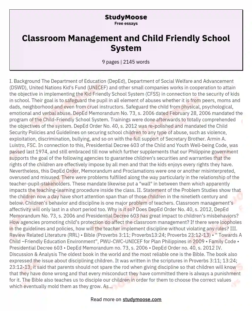 Classroom Management and Child Friendly School System