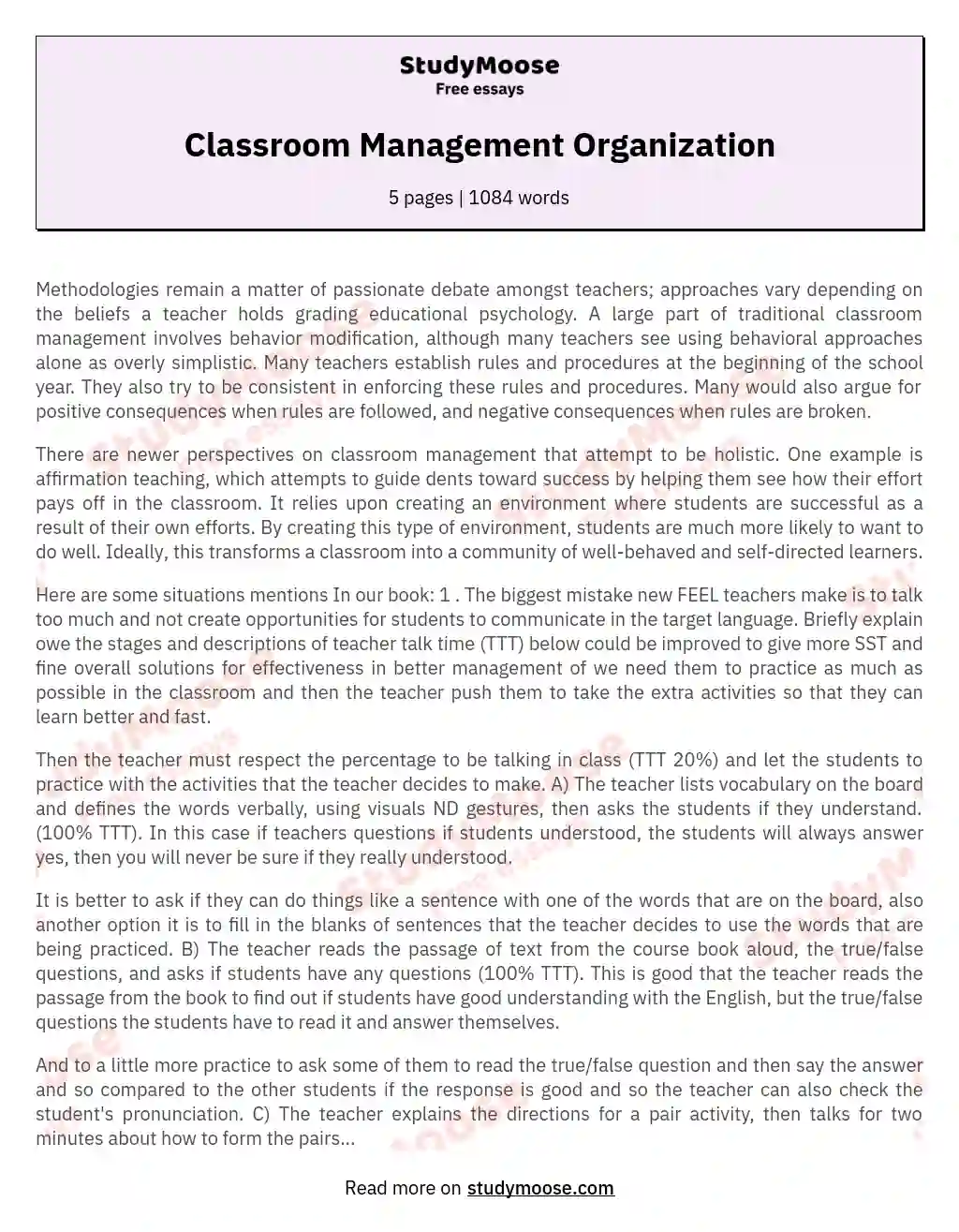 Classroom Management Organization essay