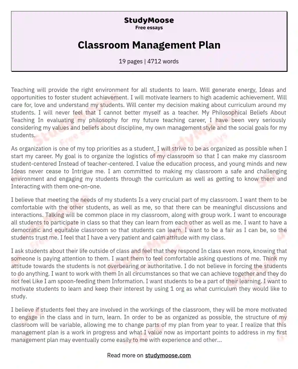 Classroom Management Plan essay