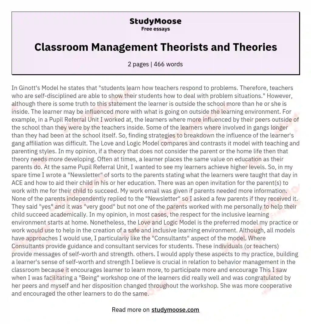 Classroom Management Theorists and Theories essay