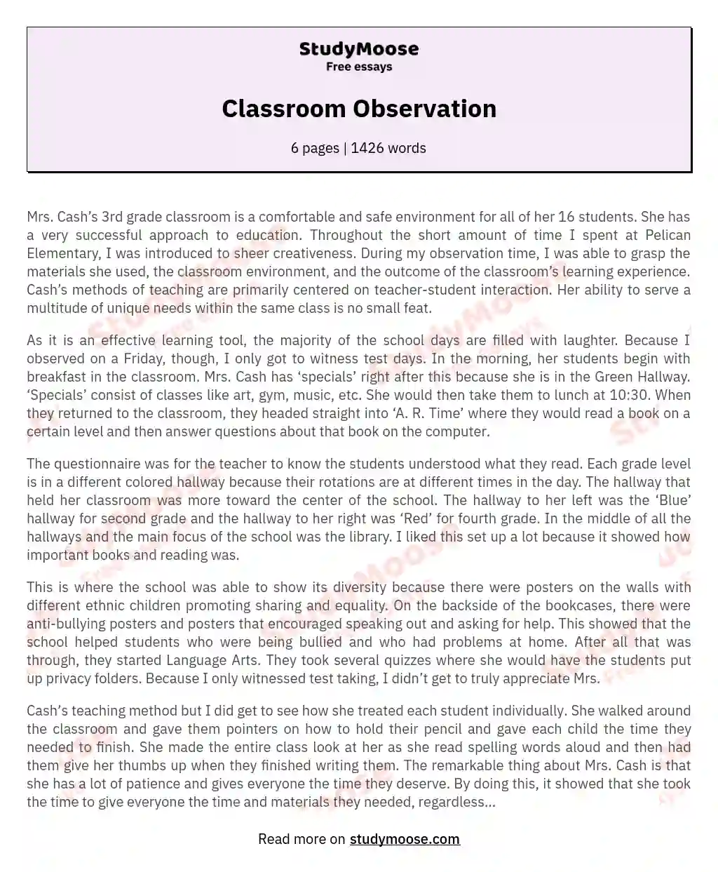 Classroom Observation essay