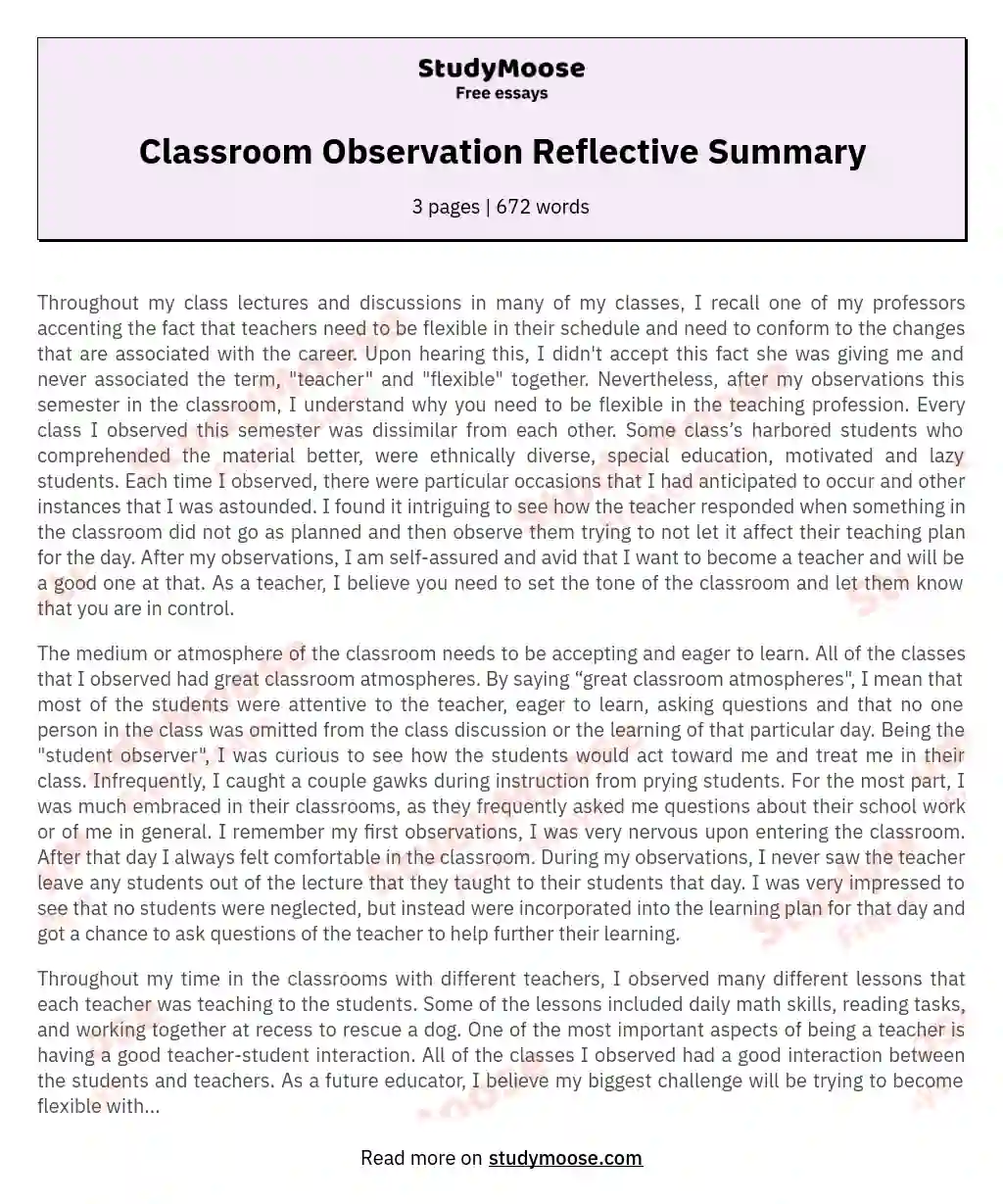 Classroom Observation Reflective Summary essay