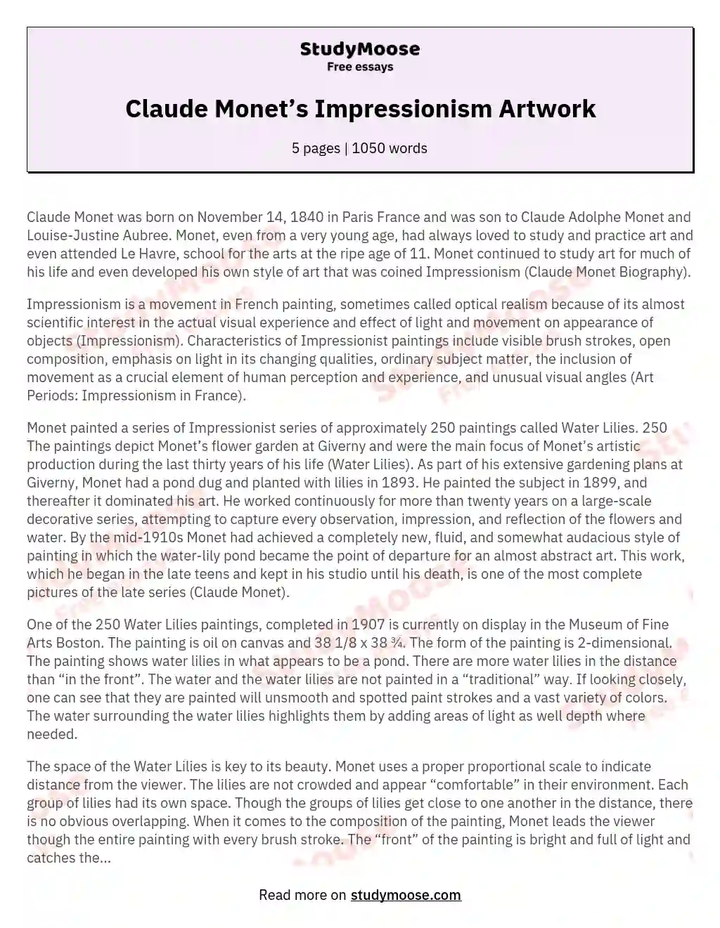 Claude Monet’s Impressionism Artwork essay
