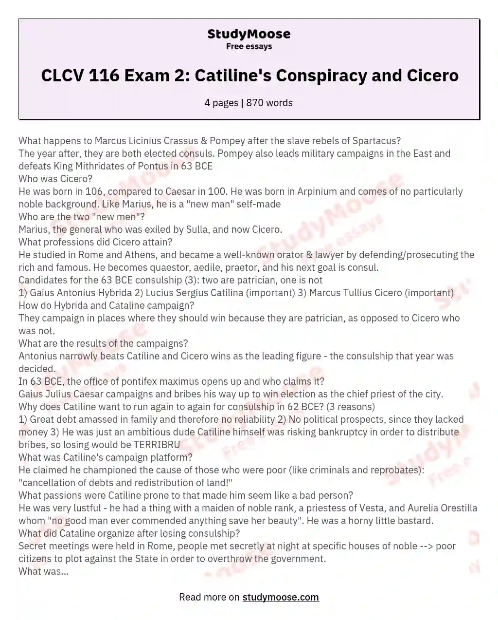 CLCV 116 Exam 2: Catiline's Conspiracy and Cicero essay