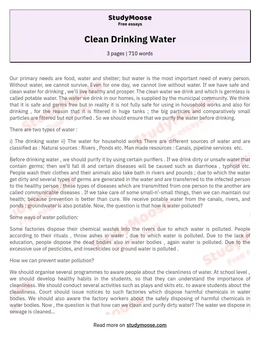 problem of drinking water essay