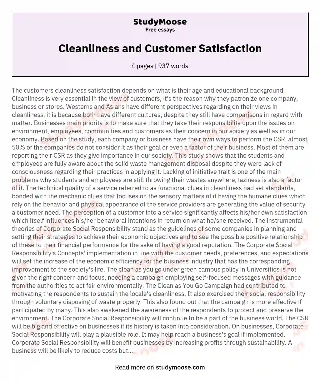 Cleanliness and Customer Satisfaction essay