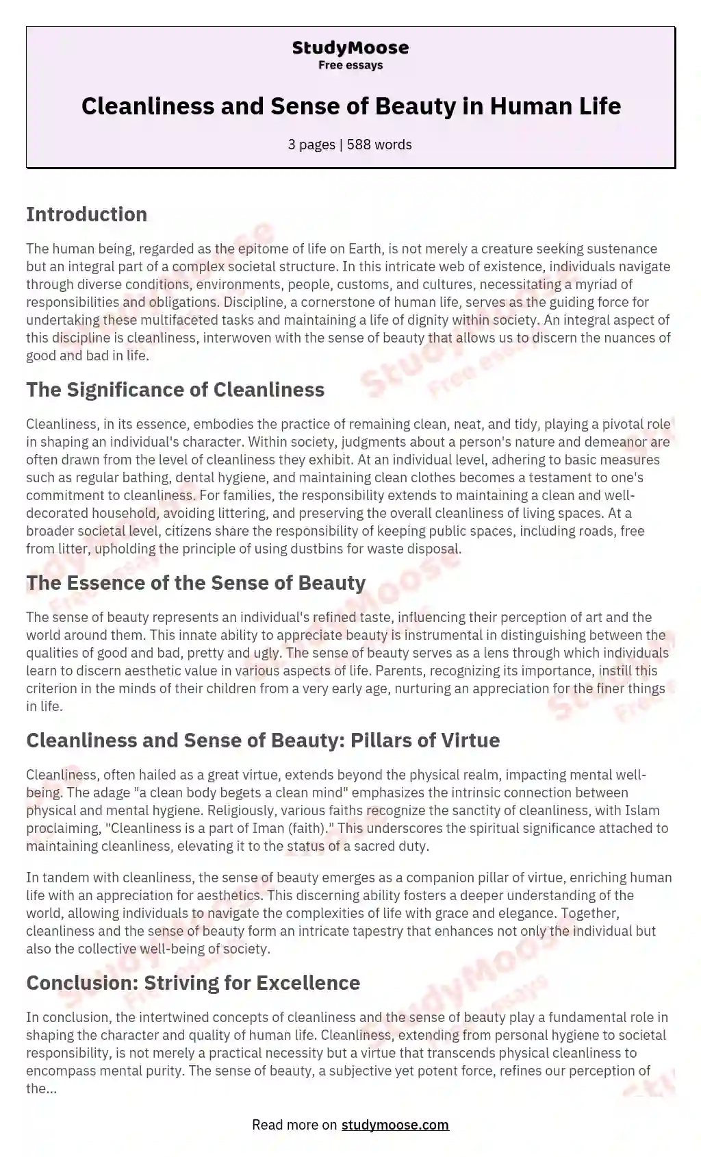 Cleanliness and Sense of Beauty in Human Life essay