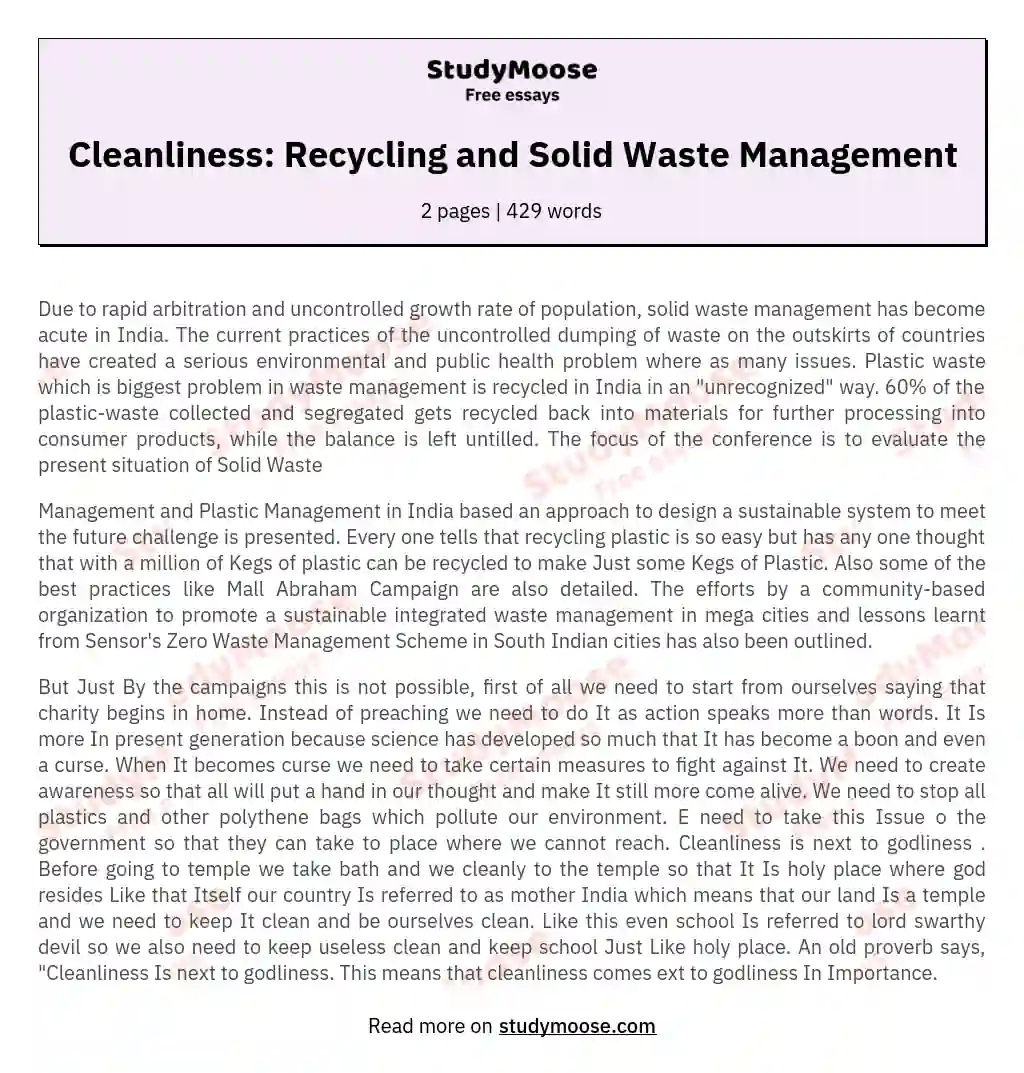 Cleanliness: Recycling and Solid Waste Management essay