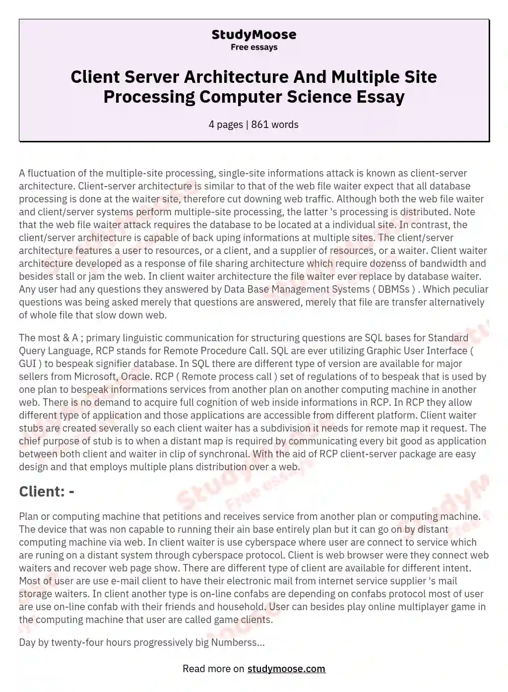 Client Server Architecture And Multiple Site Processing Computer Science Essay
