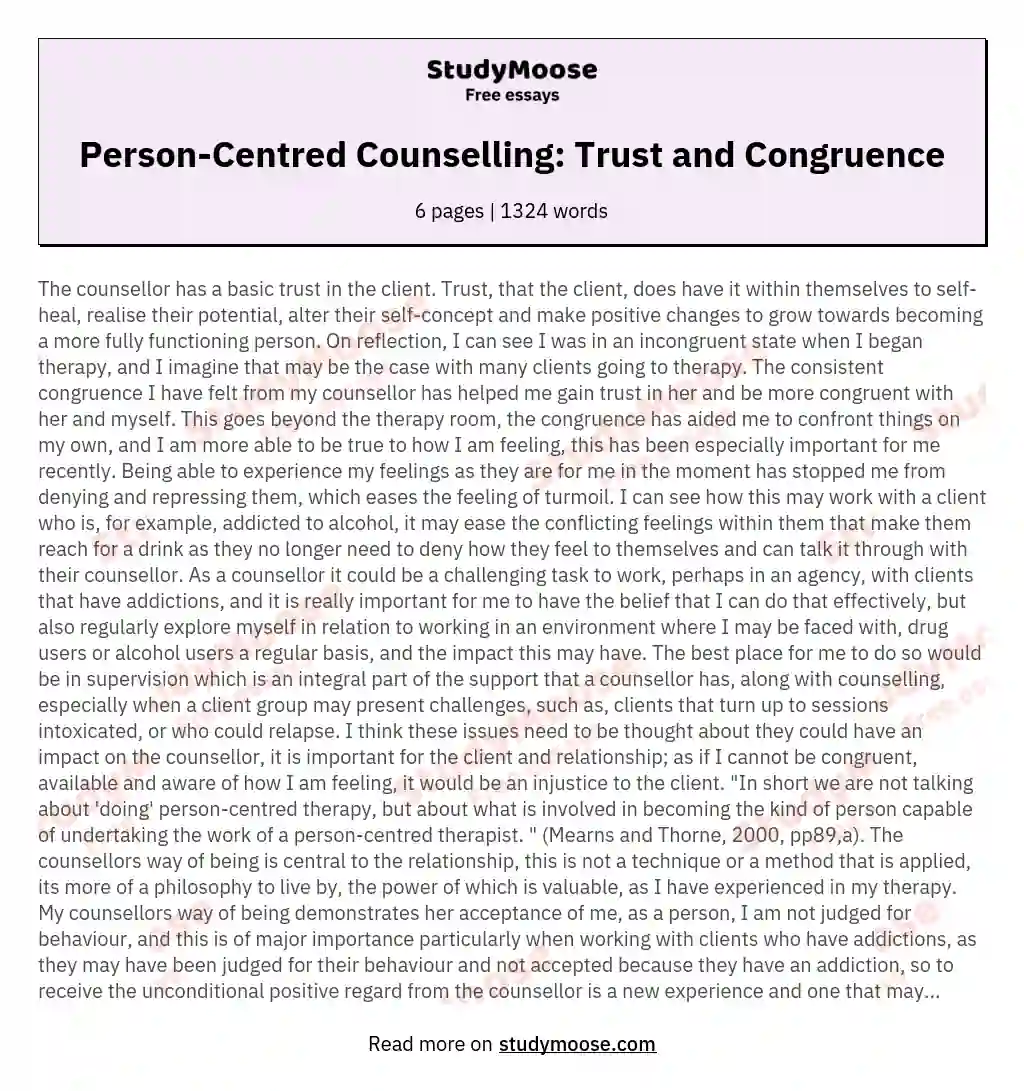 Person-Centred Counselling: Trust and Congruence essay