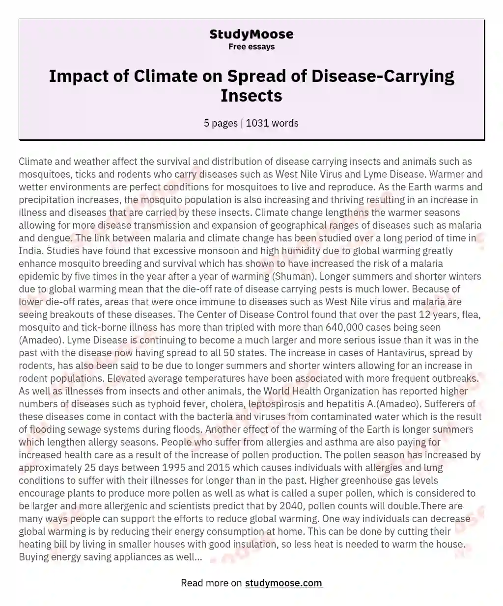 Impact of Climate on Spread of Disease-Carrying Insects essay