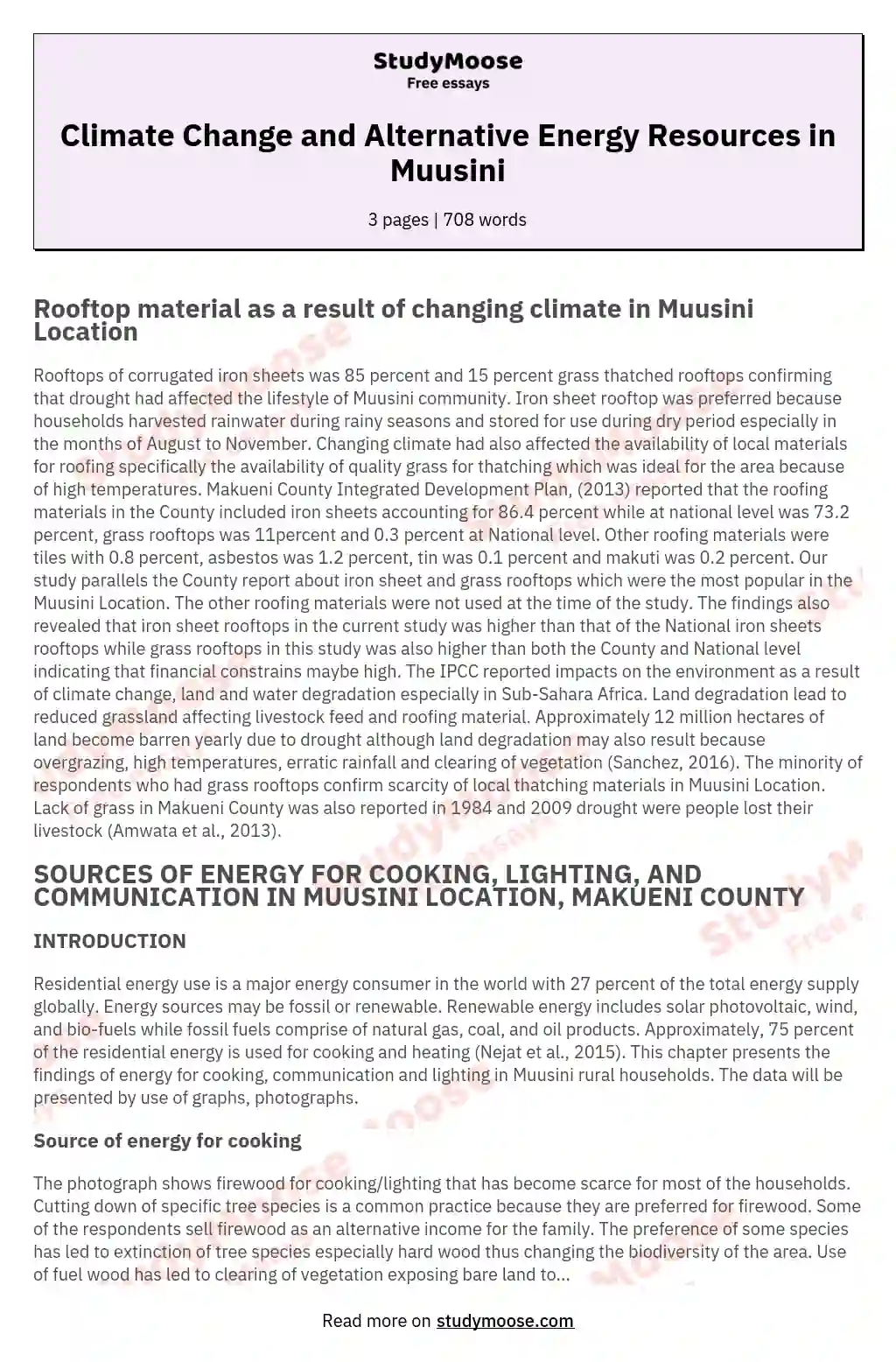 Climate Change and Alternative Energy Resources in Muusini