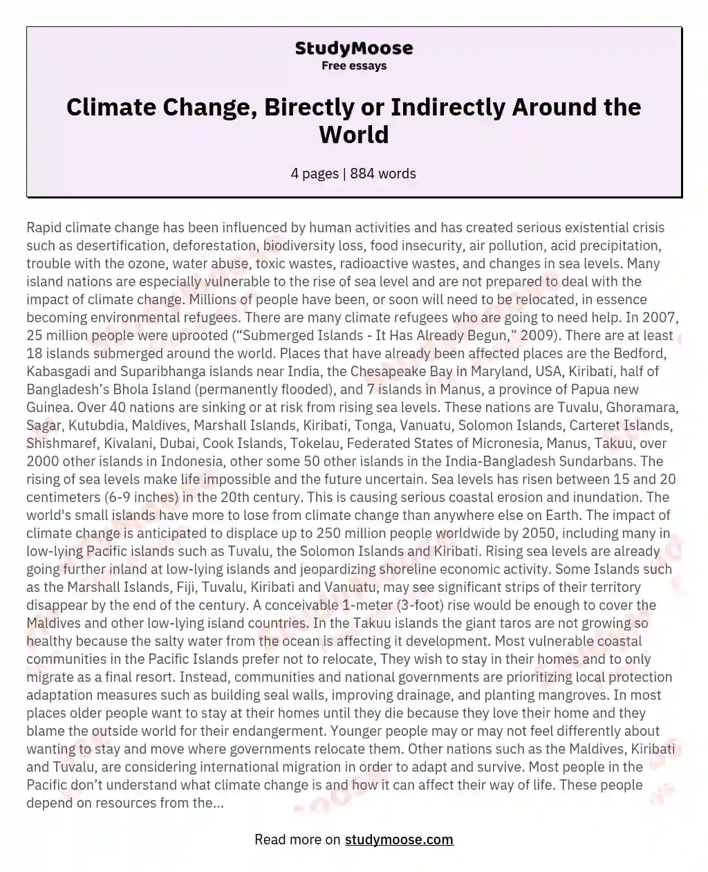 Climate Change, Birectly or Indirectly Around the World essay