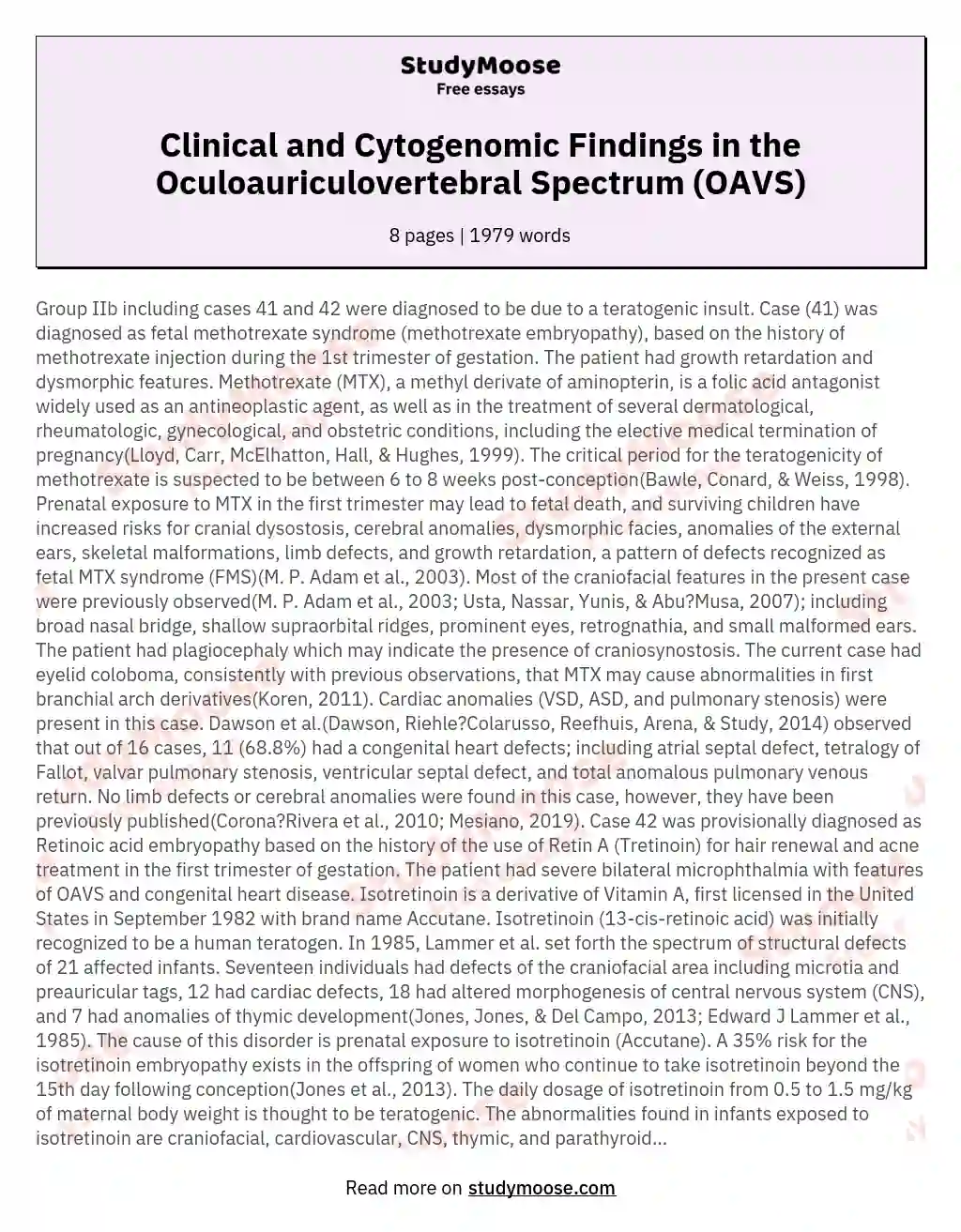 Clinical and Cytogenomic Findings in the Oculoauriculovertebral Spectrum (OAVS) essay