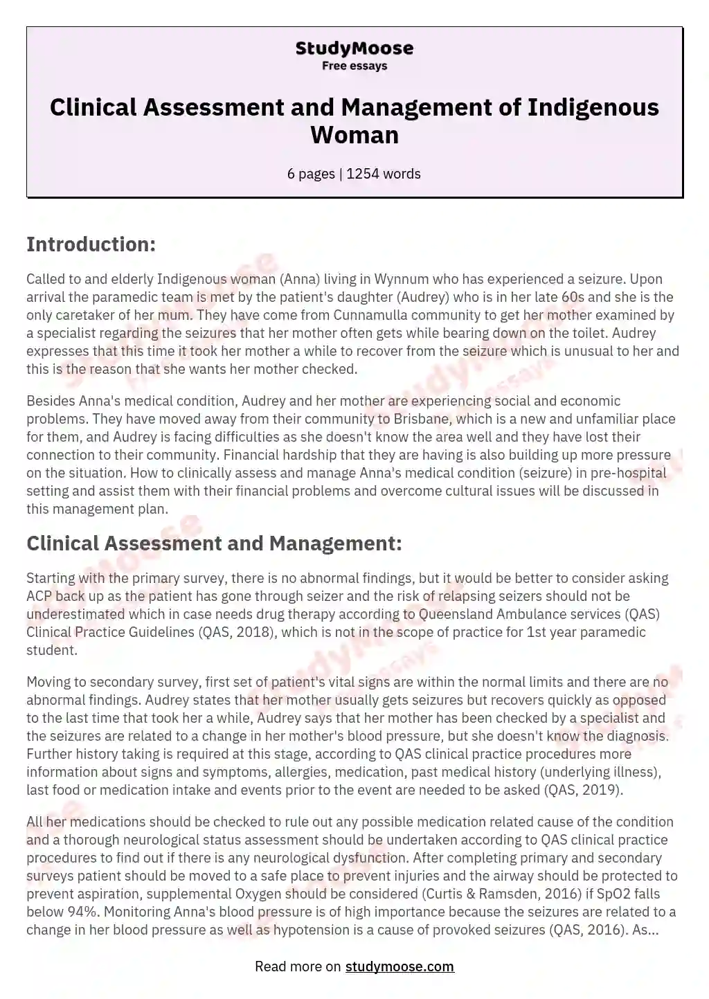 Clinical Assessment and Management of Indigenous Woman essay