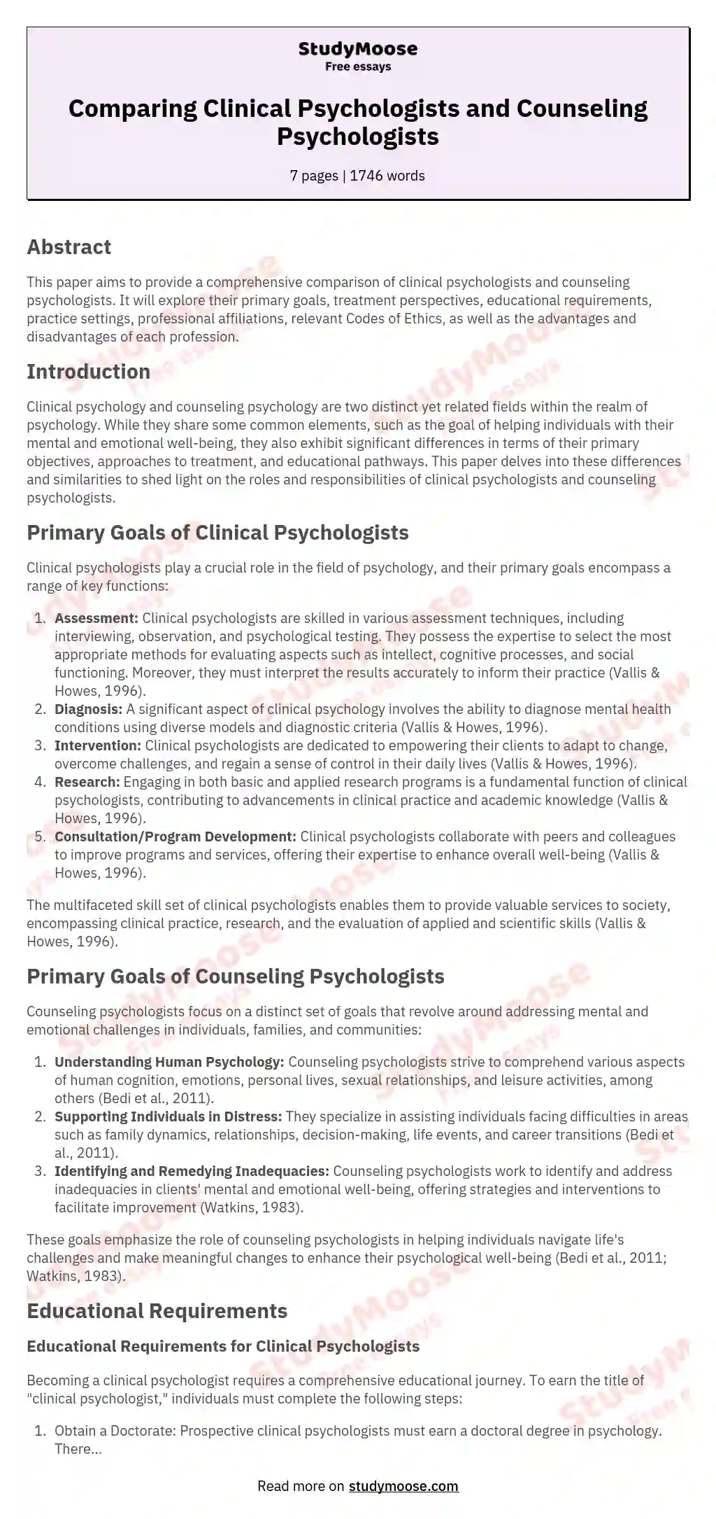 Comparing Clinical Psychologists and Counseling Psychologists essay