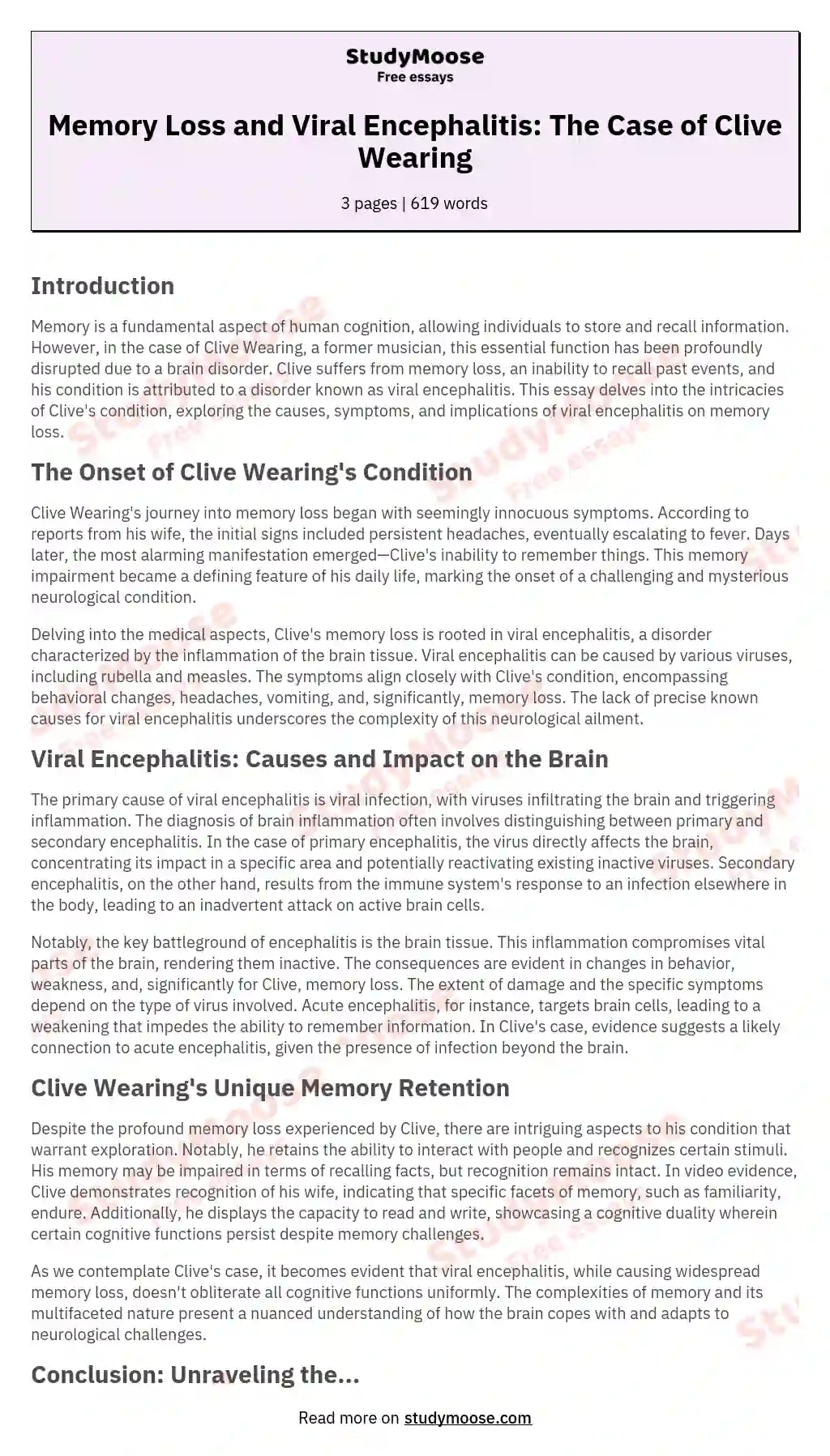 Memory Loss and Viral Encephalitis: The Case of Clive Wearing essay