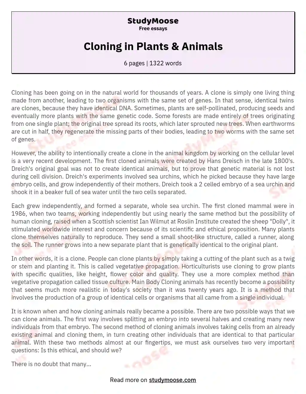 Cloning in Plants & Animals Free Essay Example