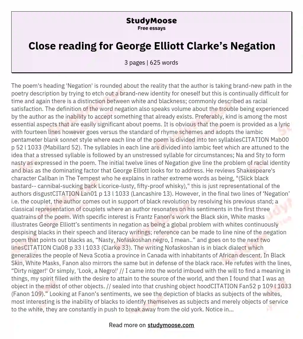 Close reading for George Elliott Clarke’s Negation essay