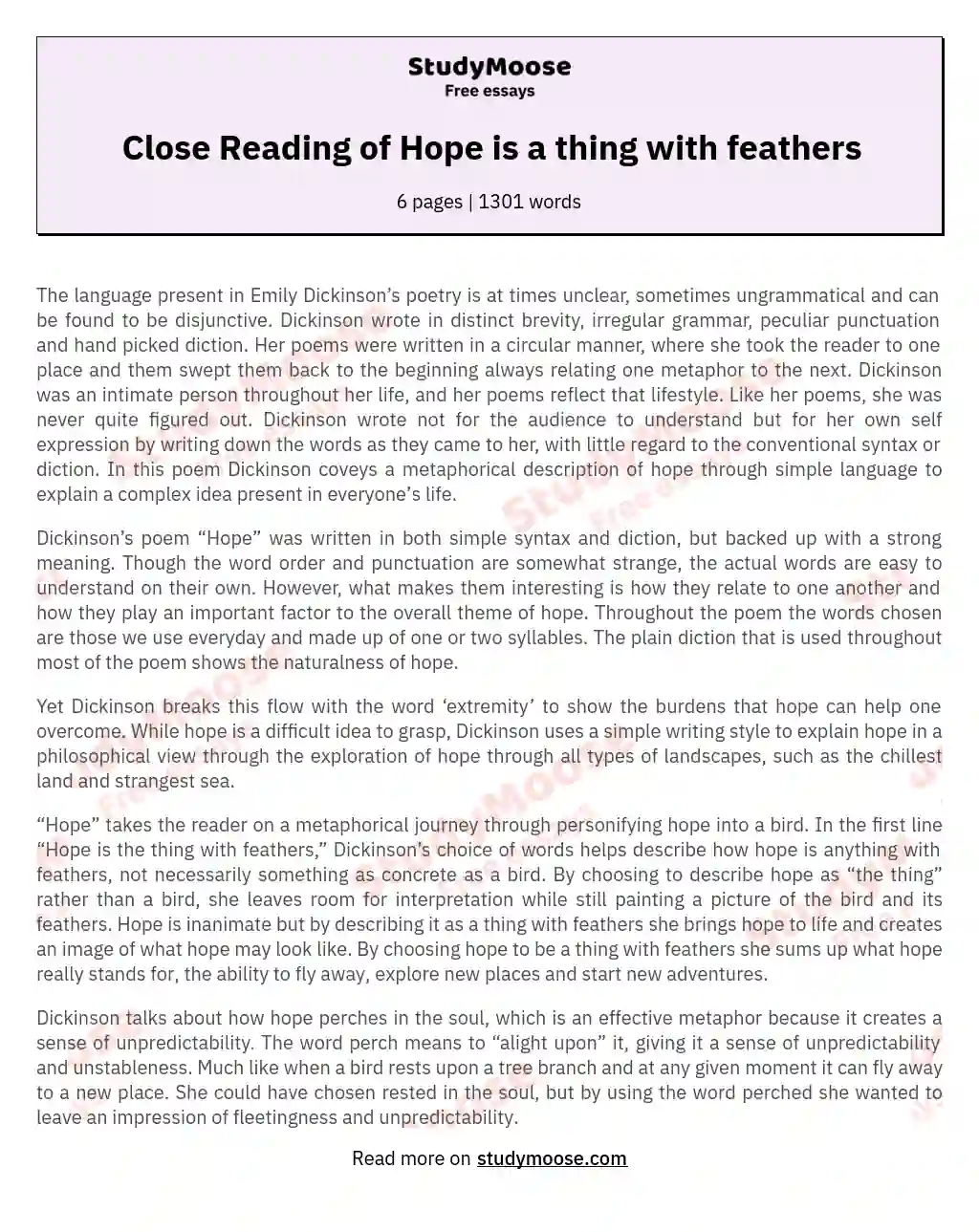 Close Reading of Hope is a thing with feathers essay