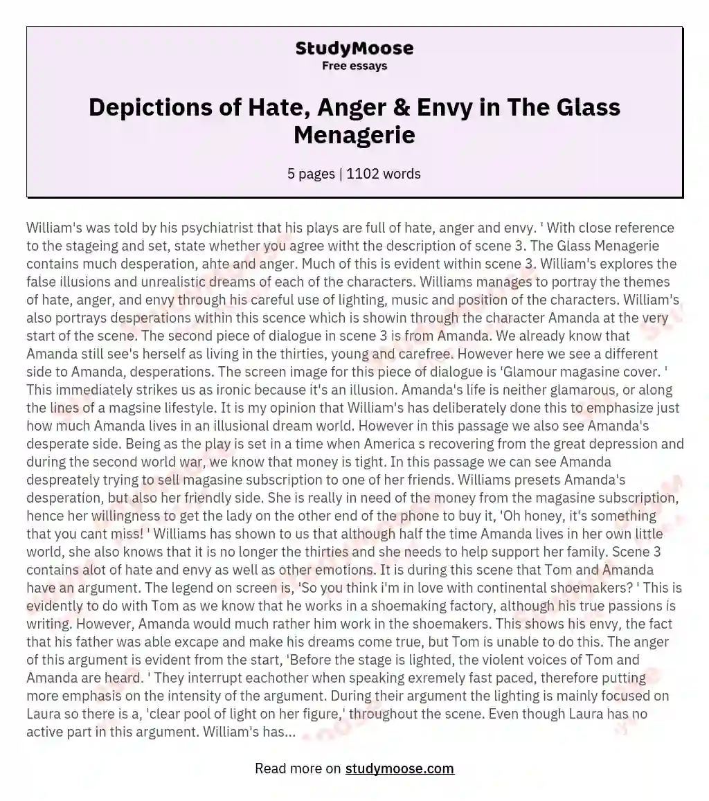 Depictions of Hate, Anger & Envy in The Glass Menagerie essay