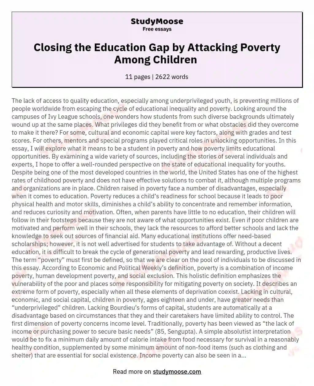Closing the Education Gap by Attacking Poverty Among Children  essay