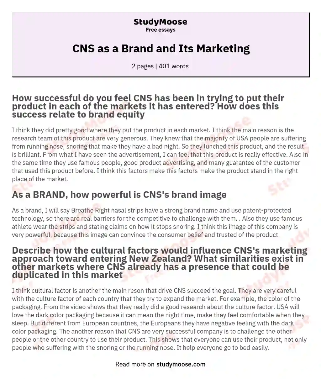 CNS as a Brand and Its Marketing essay