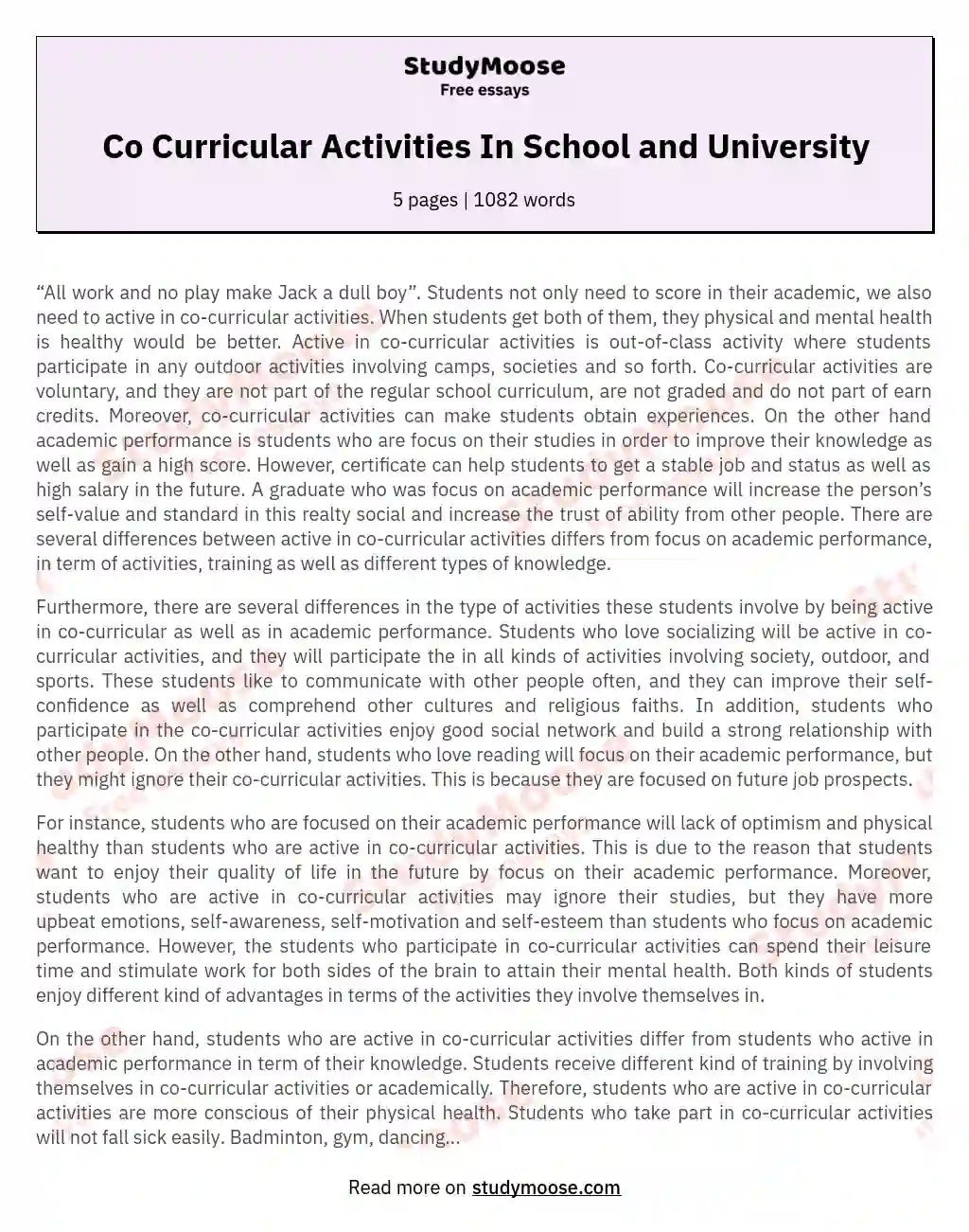 Co Curricular Activities In School and University essay