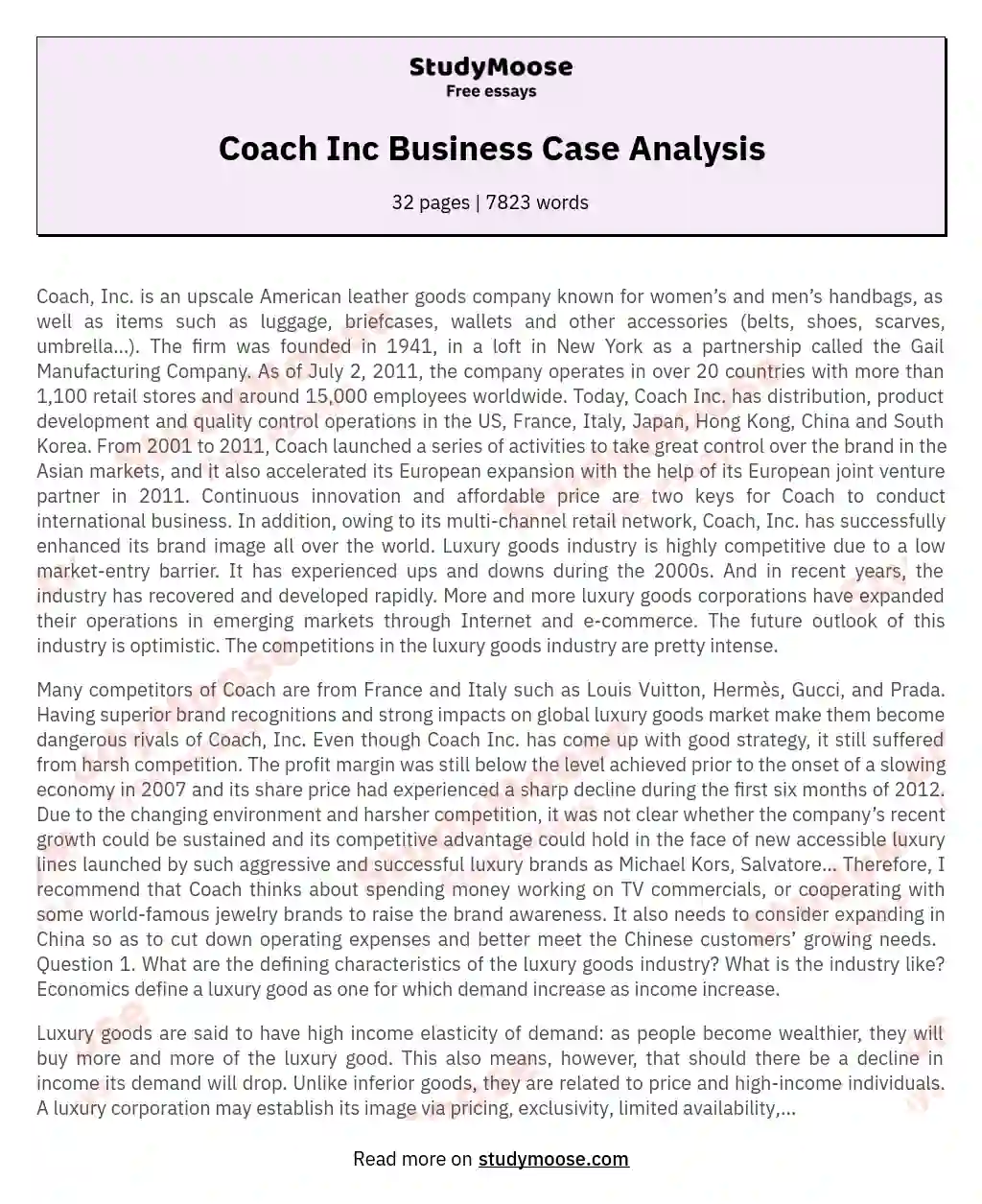 Coach Inc Business Case Analysis