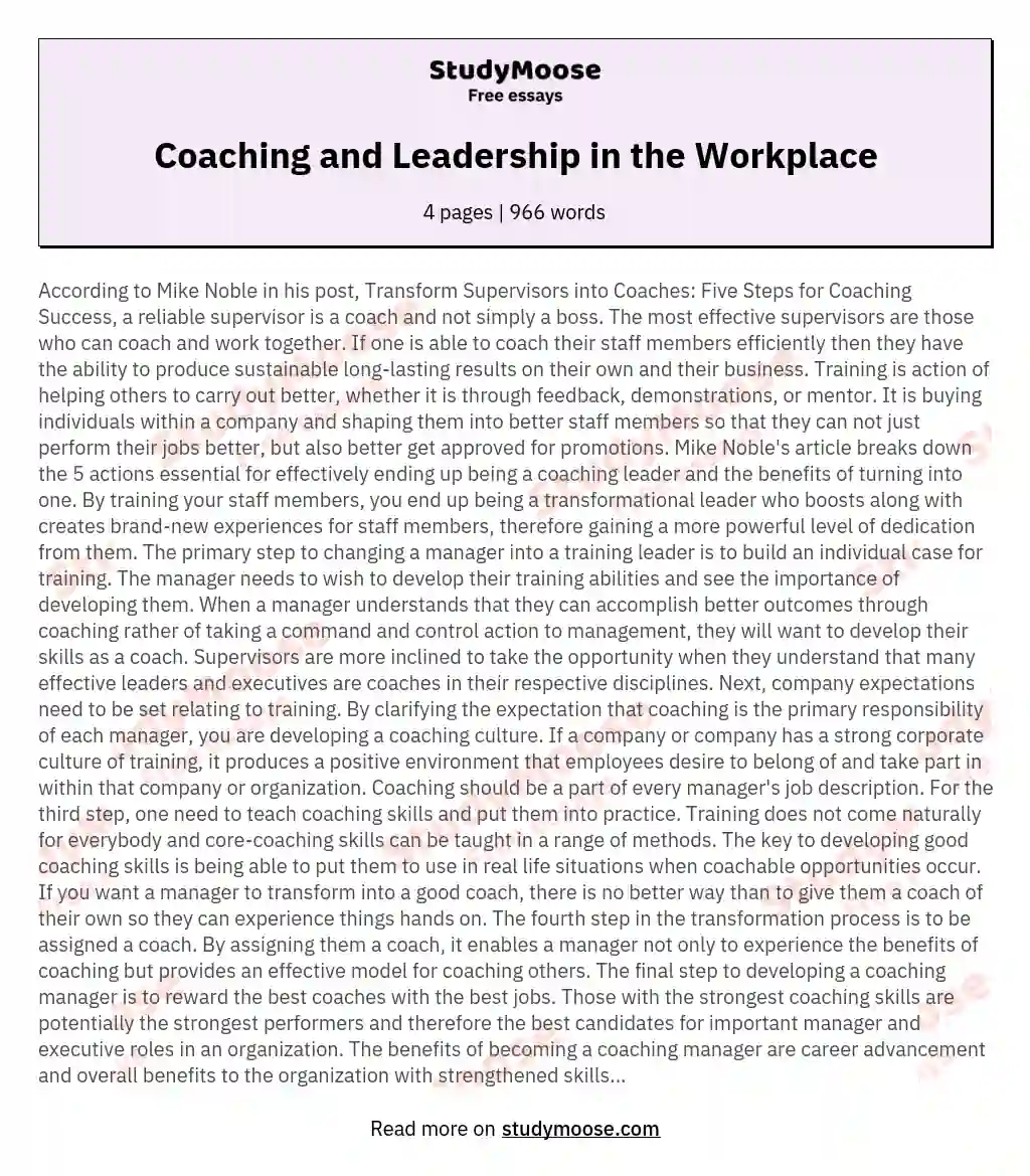 Coaching and Leadership in the Workplace essay
