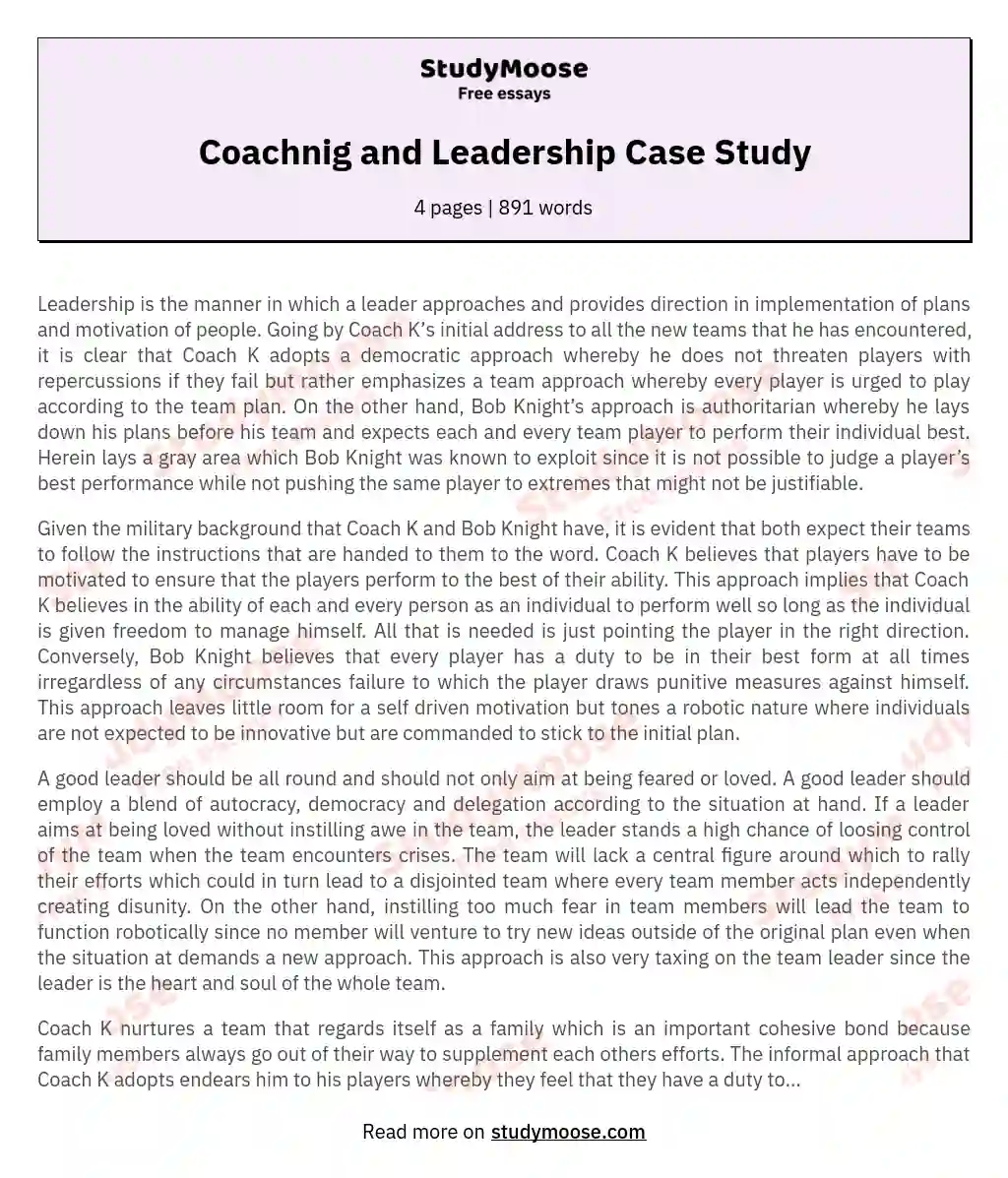 Coachnig and Leadership Case Study essay