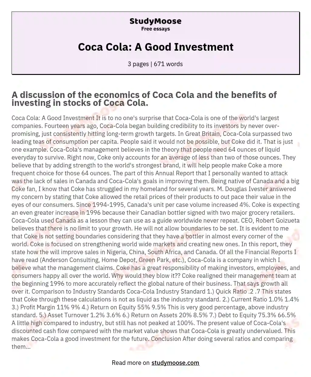 Coca Cola: A Good Investment essay