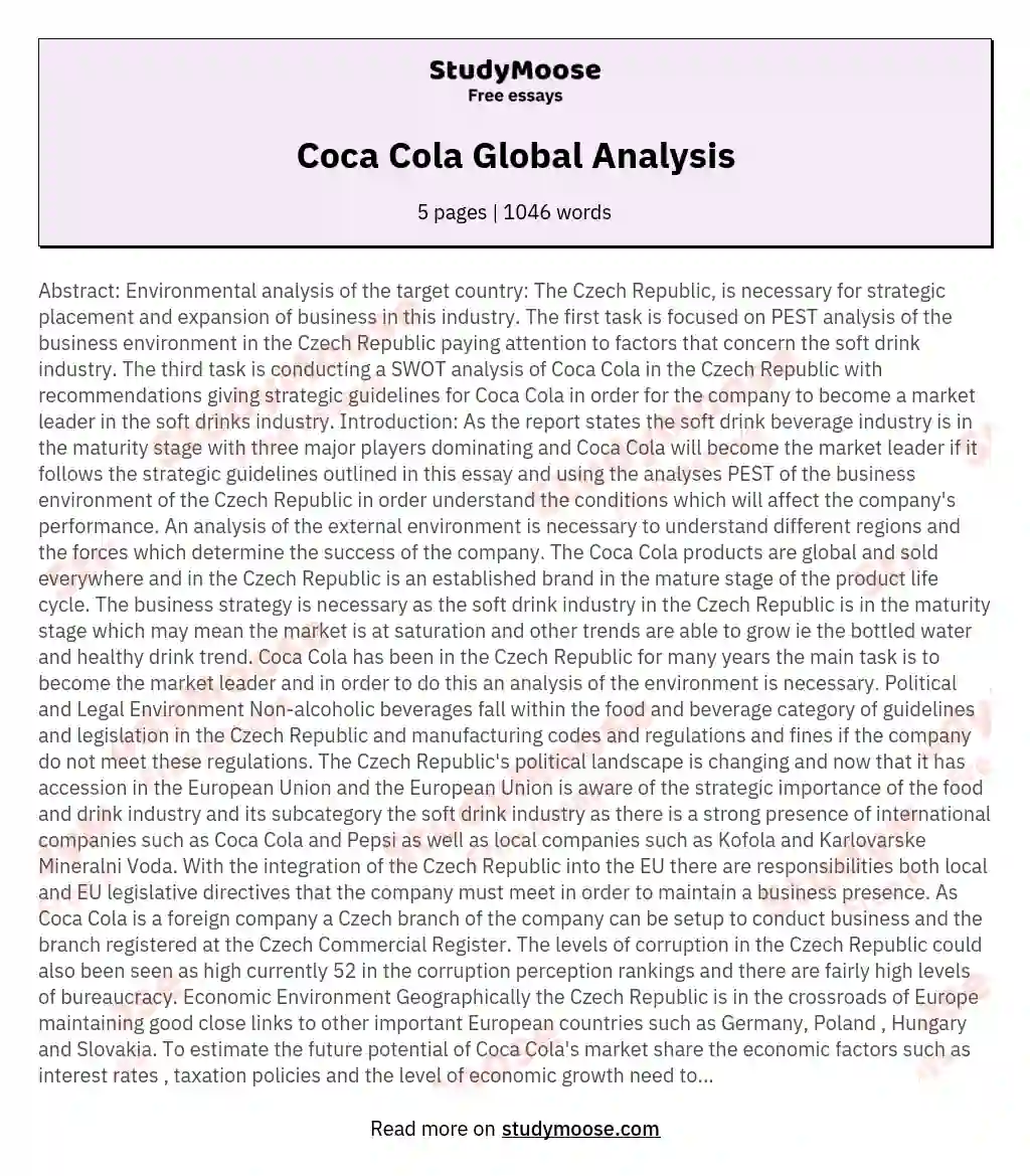 Coca Cola Global Analysis essay
