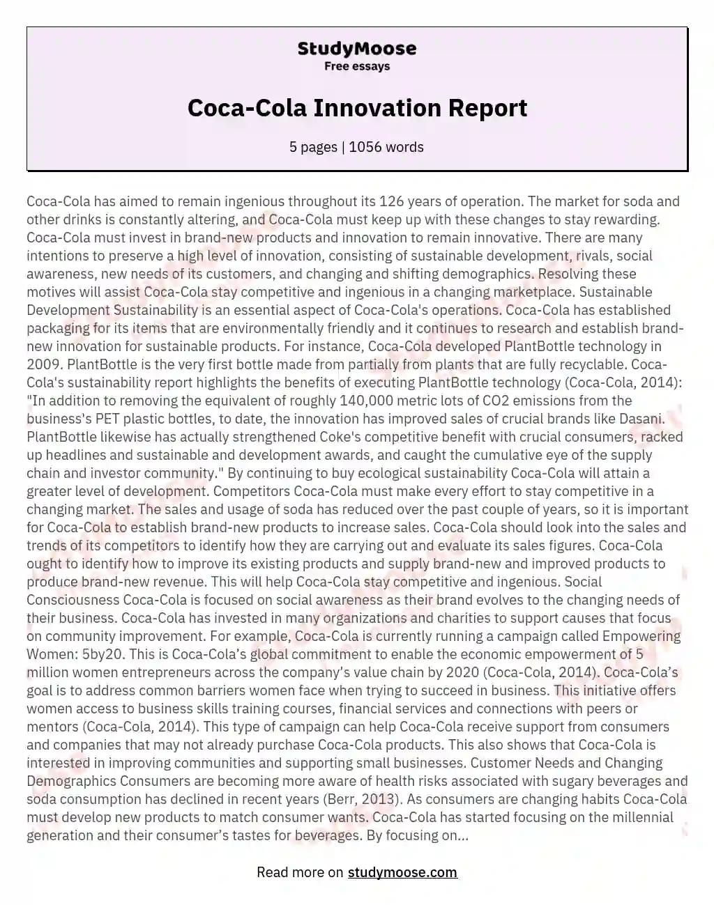 Coca-Cola Innovation Report essay