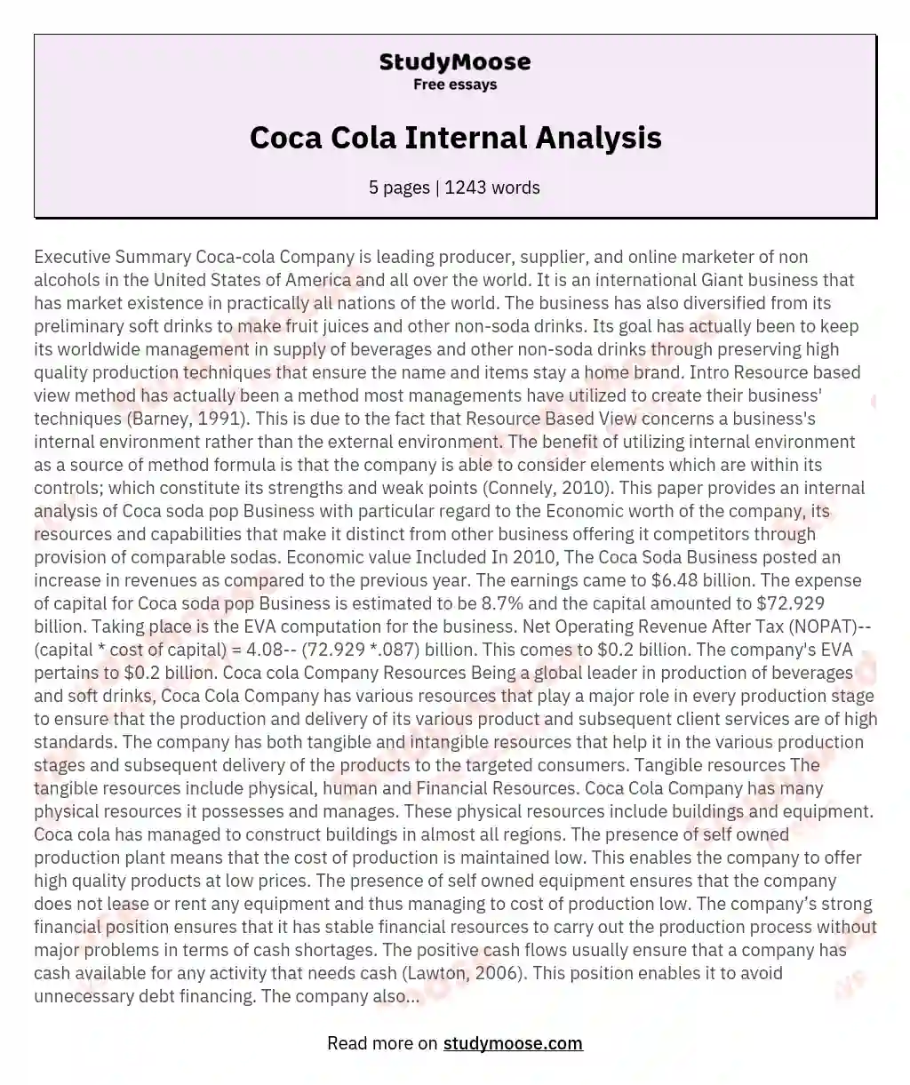 Coca Cola Internal Analysis essay