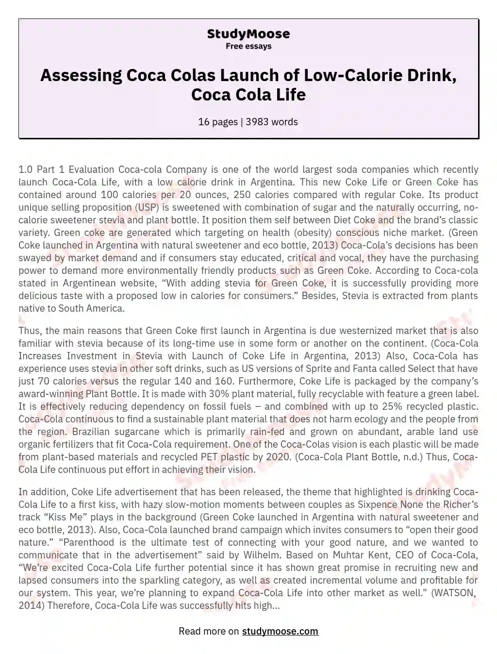 Assessing Coca Colas Launch of Low-Calorie Drink, Coca Cola Life essay