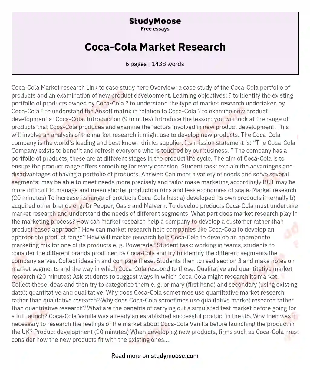 Coca-Cola Market Research essay
