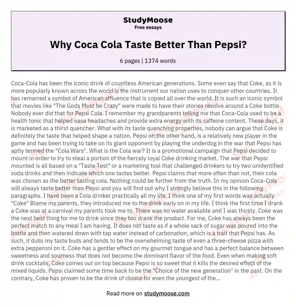 Why Coca Cola Taste Better Than Pepsi? essay