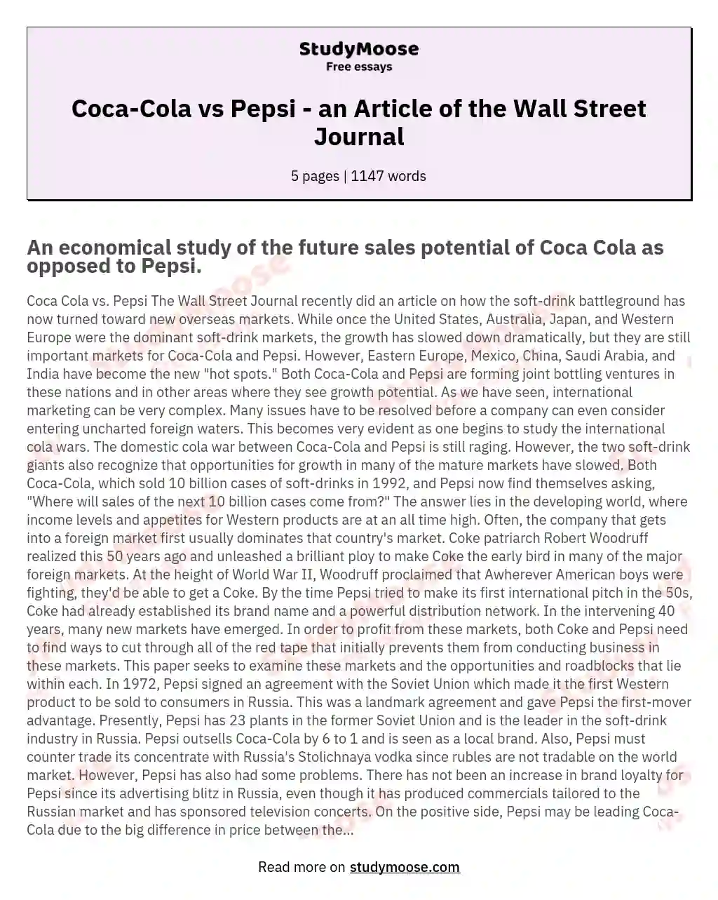Coca-Cola vs Pepsi - an Article of the Wall Street Journal essay