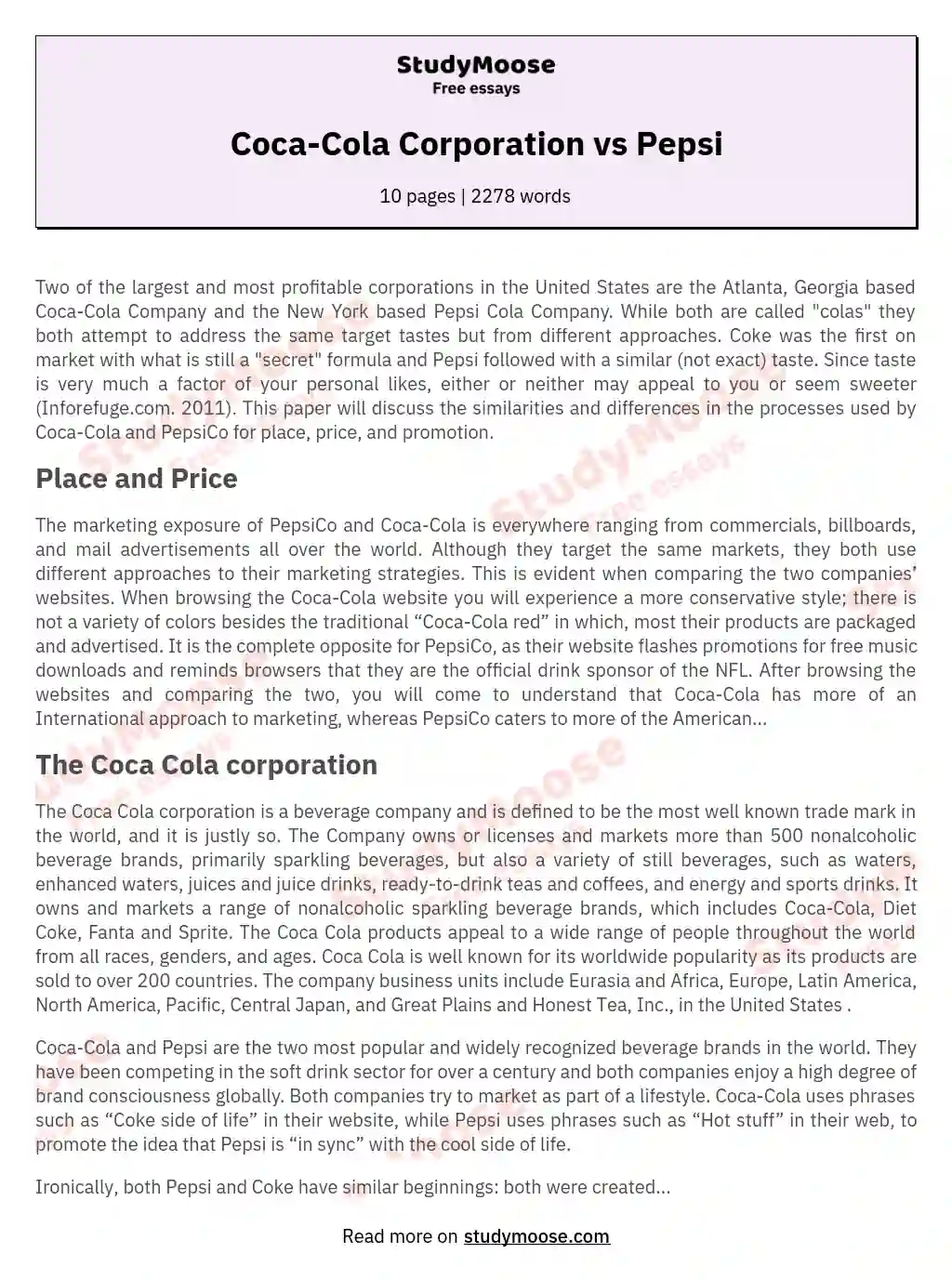 Coca-Cola Corporation vs Pepsi essay