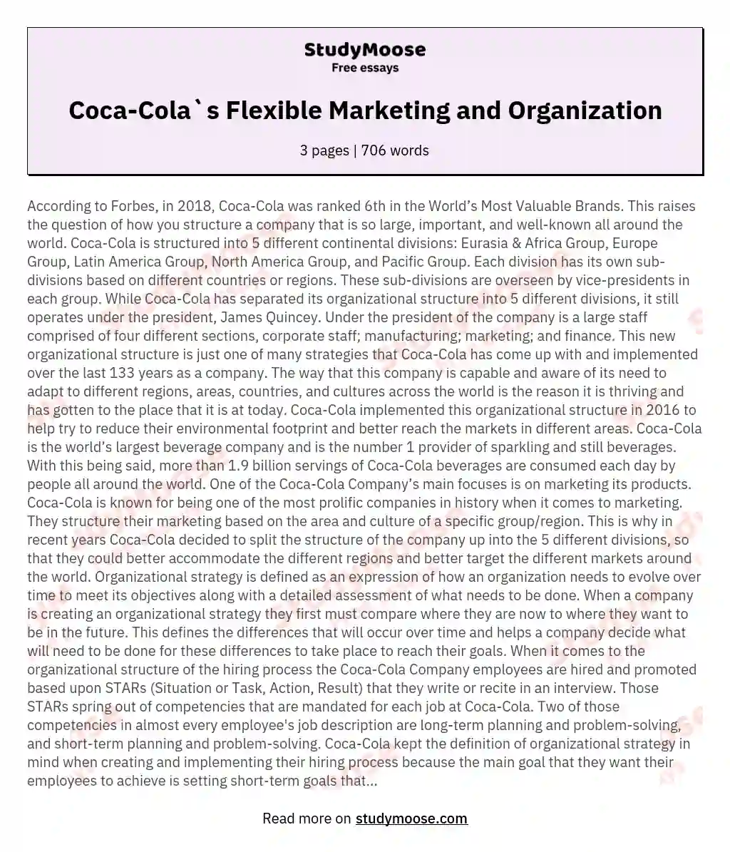 Coca-Cola`s Flexible Marketing and Organization essay
