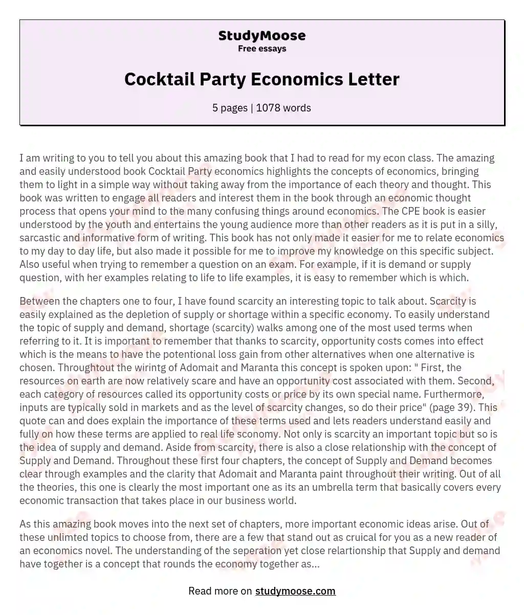 Cocktail Party Economics Letter essay