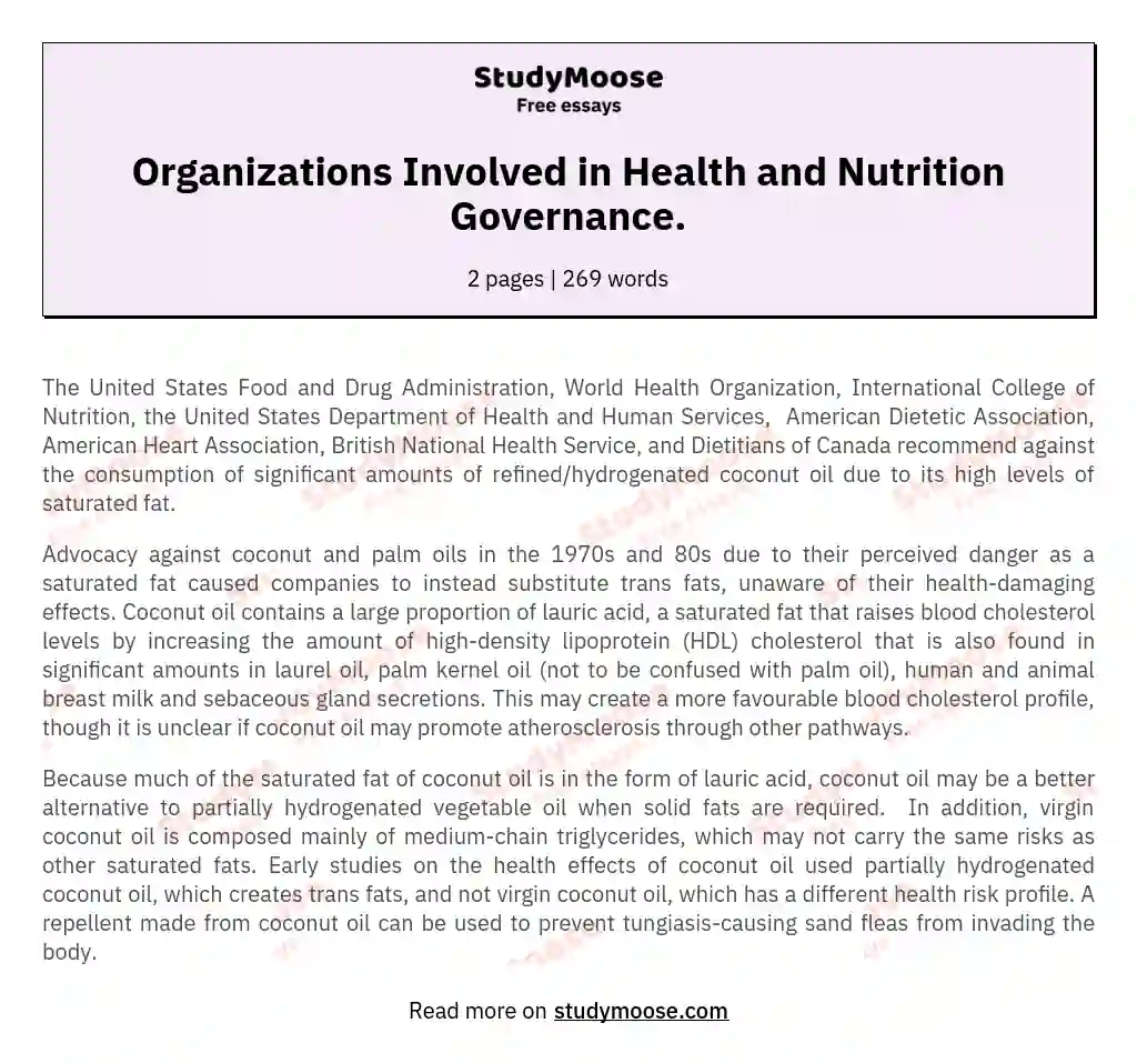 Organizations Involved in Health and Nutrition Governance. essay