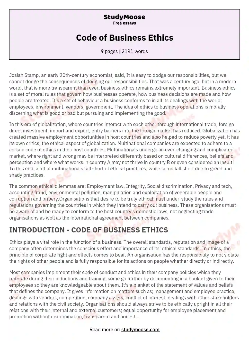 Code of Business Ethics essay