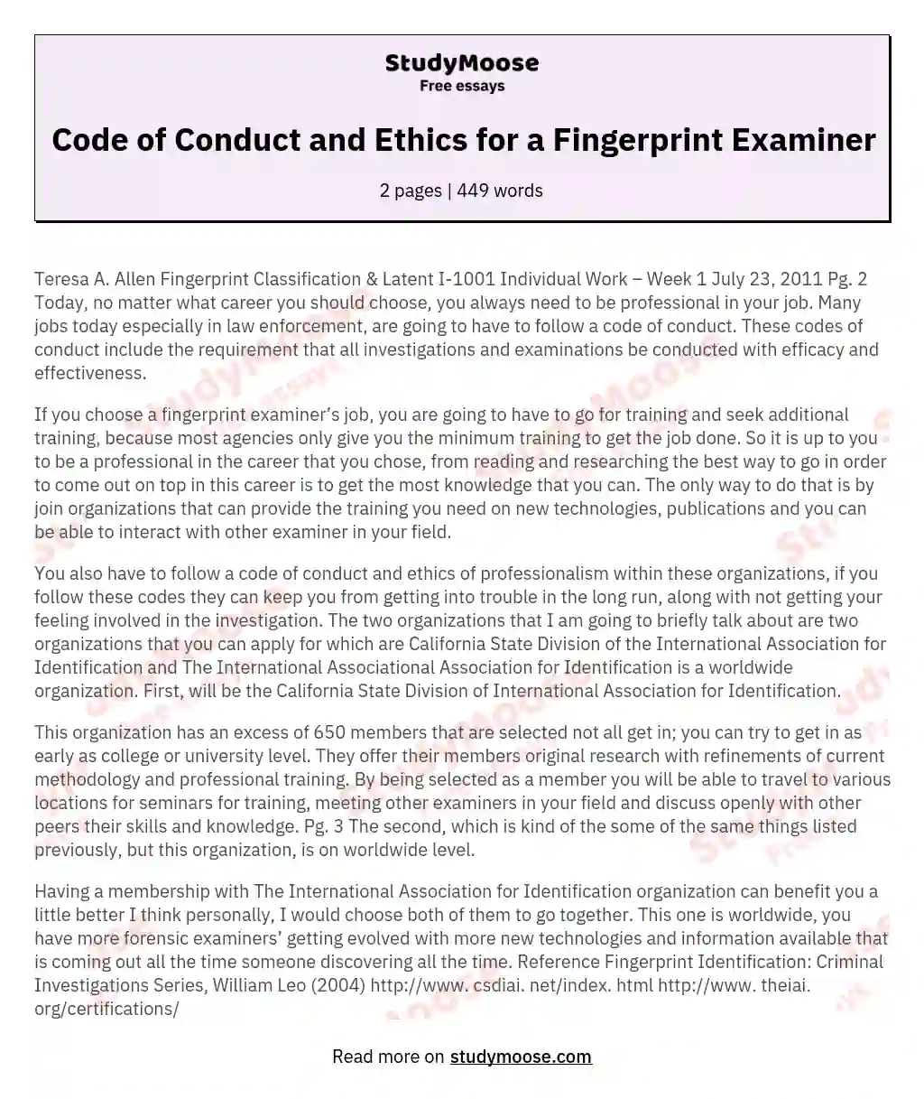 Code of Conduct and Ethics for a Fingerprint Examiner essay