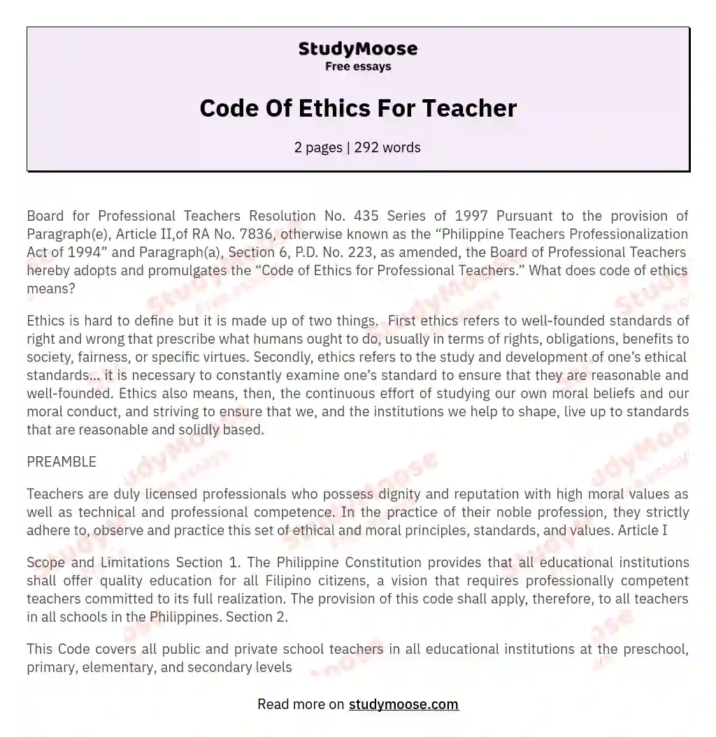 Code Of Ethics For Teacher Free Essay Example